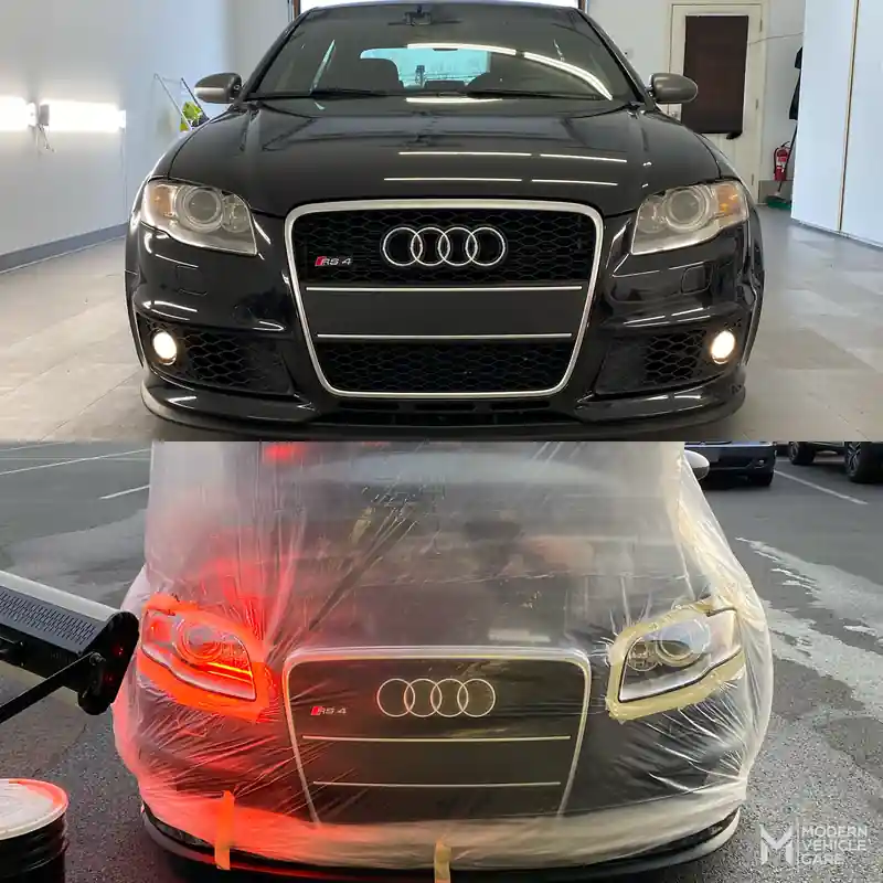 Audi RS4 front, headlights before on top and the car wrapped in plastic with the headlights masked below