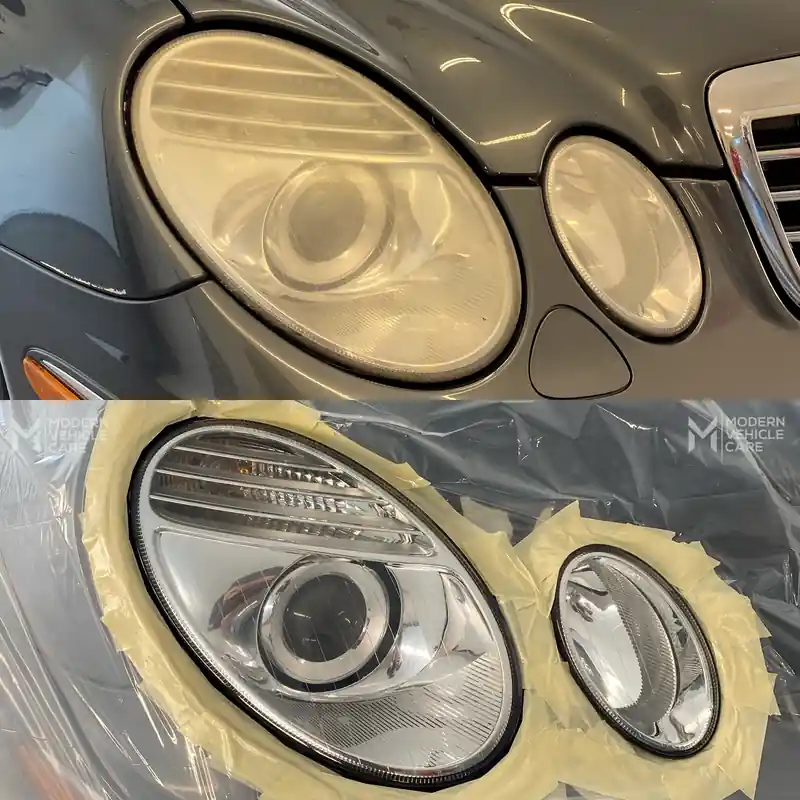 Mercedes E-class headlights, yellowed above and taped off clear below