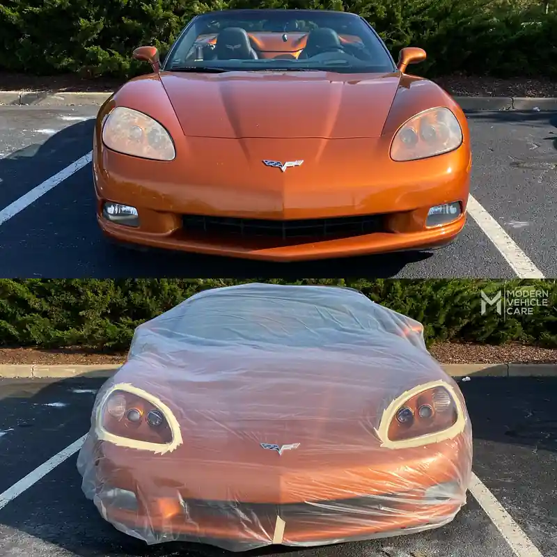 Orange Corvette C6, before on top and wrapped in plastic with the headlights masked below