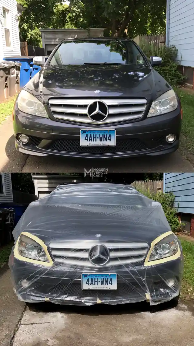 Mercedes C-class, before on top and wrapped in plastic with the lenses masked below