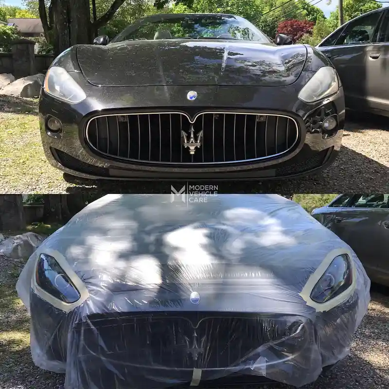 Maserati GranTurismo, before on top and wrapped in plastic with the headlights masked below