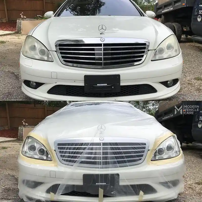 White Mercedes S-class, before on top and wrapped in plastic with the headlights masked below